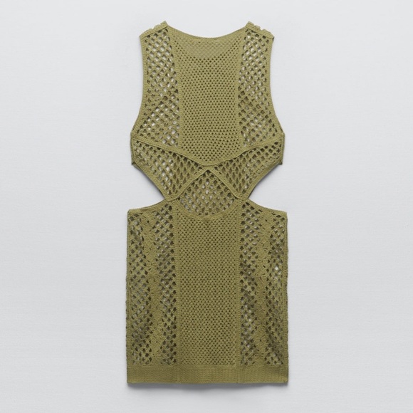 Zara crochet knit cut out handcrafted dress army green / cover up / tunic - Picture 7 of 9